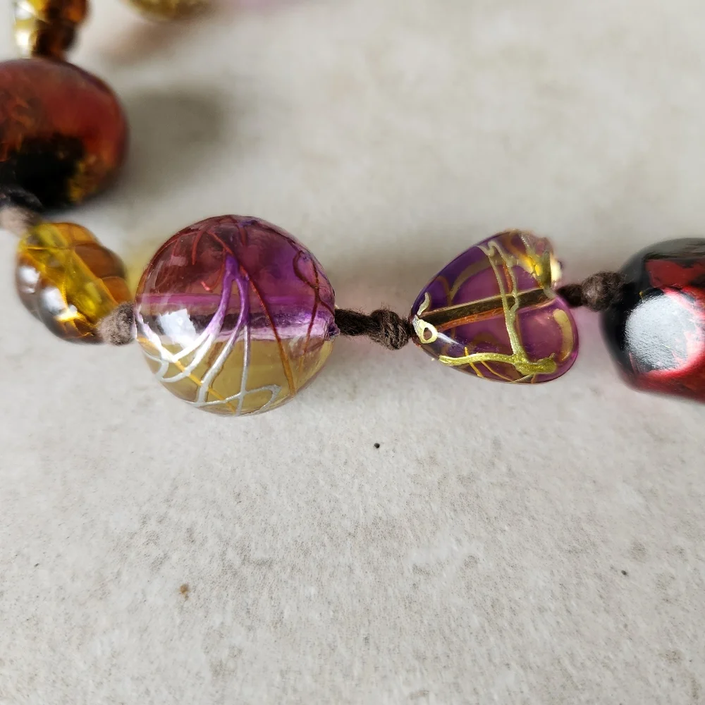 Handcrafted Artisan Art Glass Beaded Necklace Leather Cord Red Gold Purple Heart